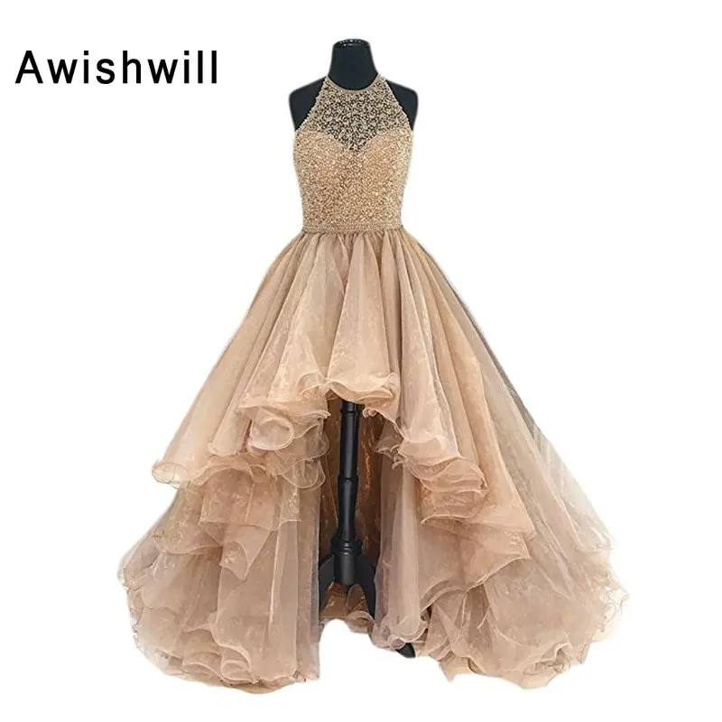 

Real Photo Halter Open Back Beading Lace Bodice Organza Asymmetrical Prom Dress 2019 Customize Party Dresses