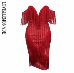 Love& Lemonade/вечерние платья в полоску с глубоким v-образным вырезом и кисточками; Цвет серебристый, золотой, черный; LM0379 - Цвет: WIN RED