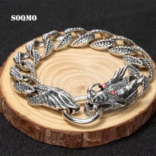 SOQMO Luxury Pure 925 Sterling Silver Dragon Bracelet Men Vintage Punk Rock Mens Bracelets Man Silver 925 Jewelry SQM015 soqmo solid 925 silver skull pendant for biker man cool snake budda sculpture mens vintage gothic punk pendants jewelry sqm023