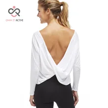 Женские спортивные рубашки для йоги с глубоким v-образным вырезом на спине, одежда для фитнеса для женщин, быстросохнущая дышащая рубашка с длинным рукавом P037