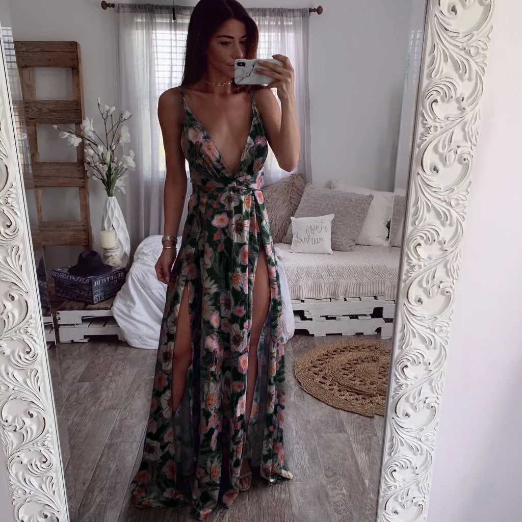 Плюс Размеры шифоновое сексуальное платье Для женщин Летнее Boho ремешками пикантные сексуальное нижнее белье с глубоким v-образным вырезом длинное вечерние Пляжные наряды Z4