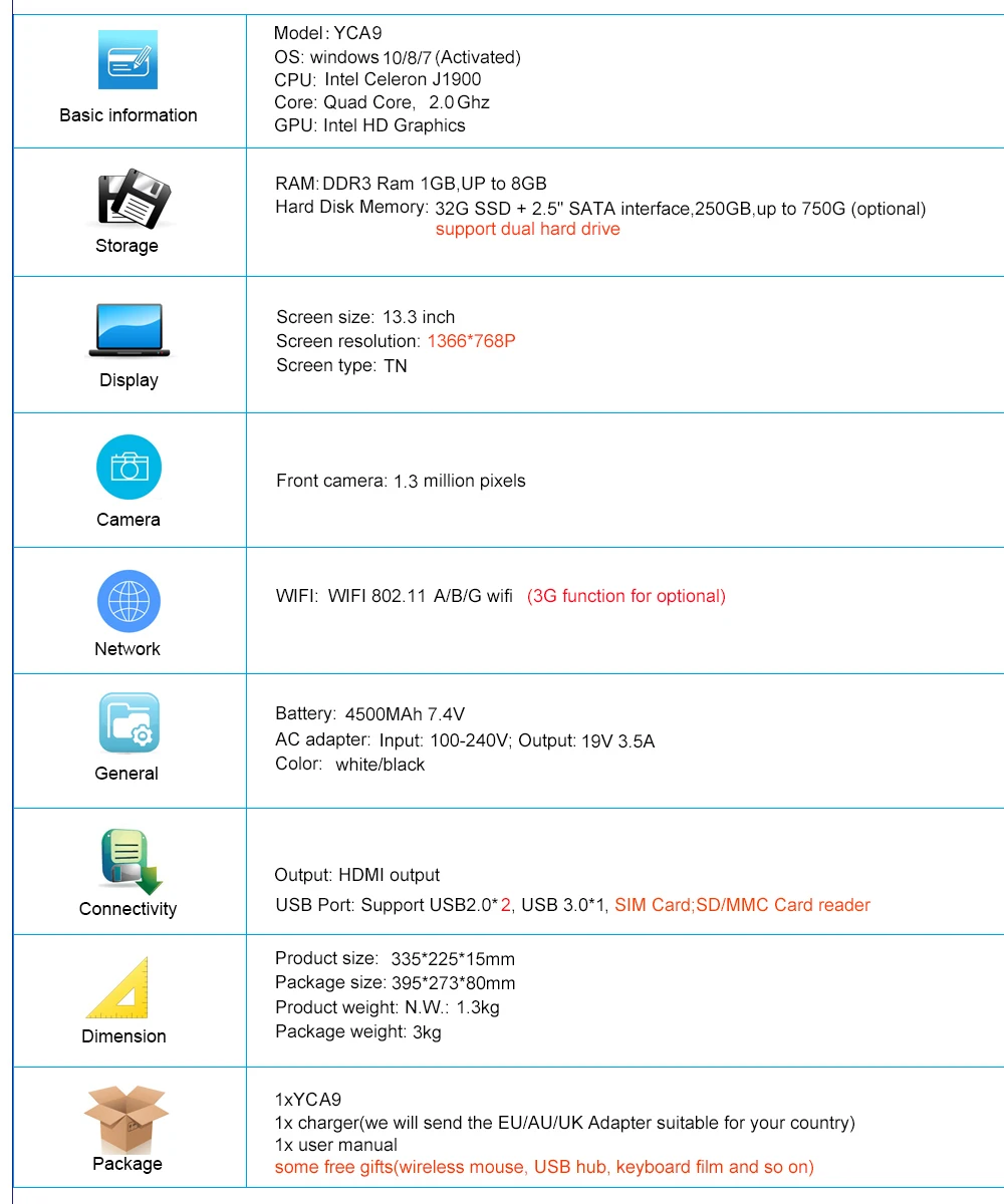 13,3 дюймовый ноутбук Intel Celeron J1900 2,0 GHz 8G ram 1 ТБ HDD в камере с бесплатными подарками ноутбук