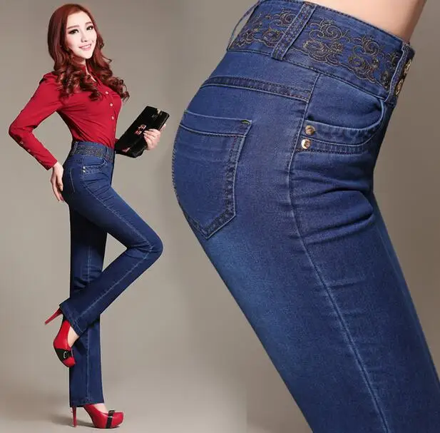 New embroidery high waist jeans women Slim denim pants troursers plus size S98