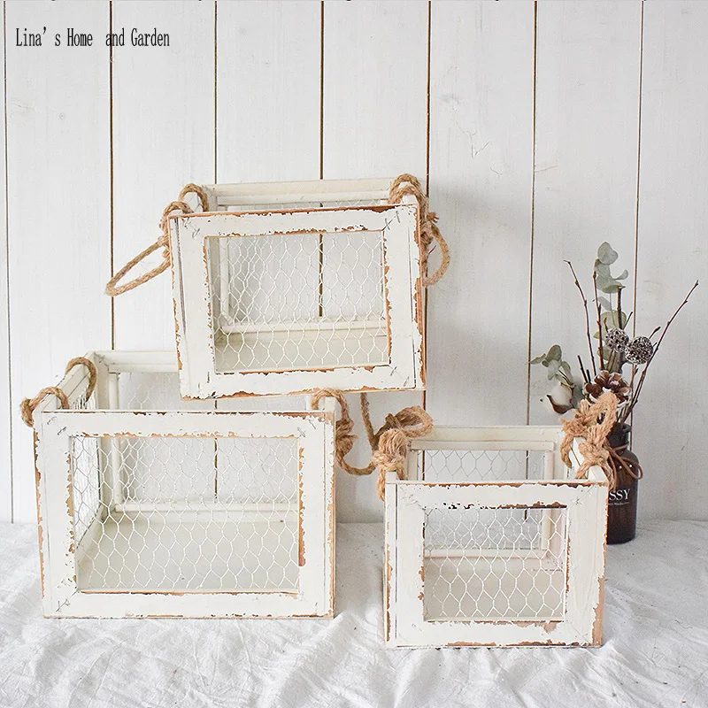 

stack 3 pieces rope handles handmade shabby white wooden antique storage box with wire sides