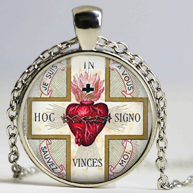 SACRED HEART Pendant Necklace. Sacre Coeur. Flaming Heart. Jesus Christ