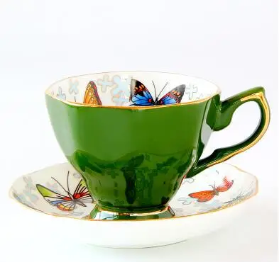 170 мл модный набор керамических кофейных чашек с бабочками, вечерний чайный набор из костяного фарфора, чайная чашка и блюдце - Цвет: Зеленый