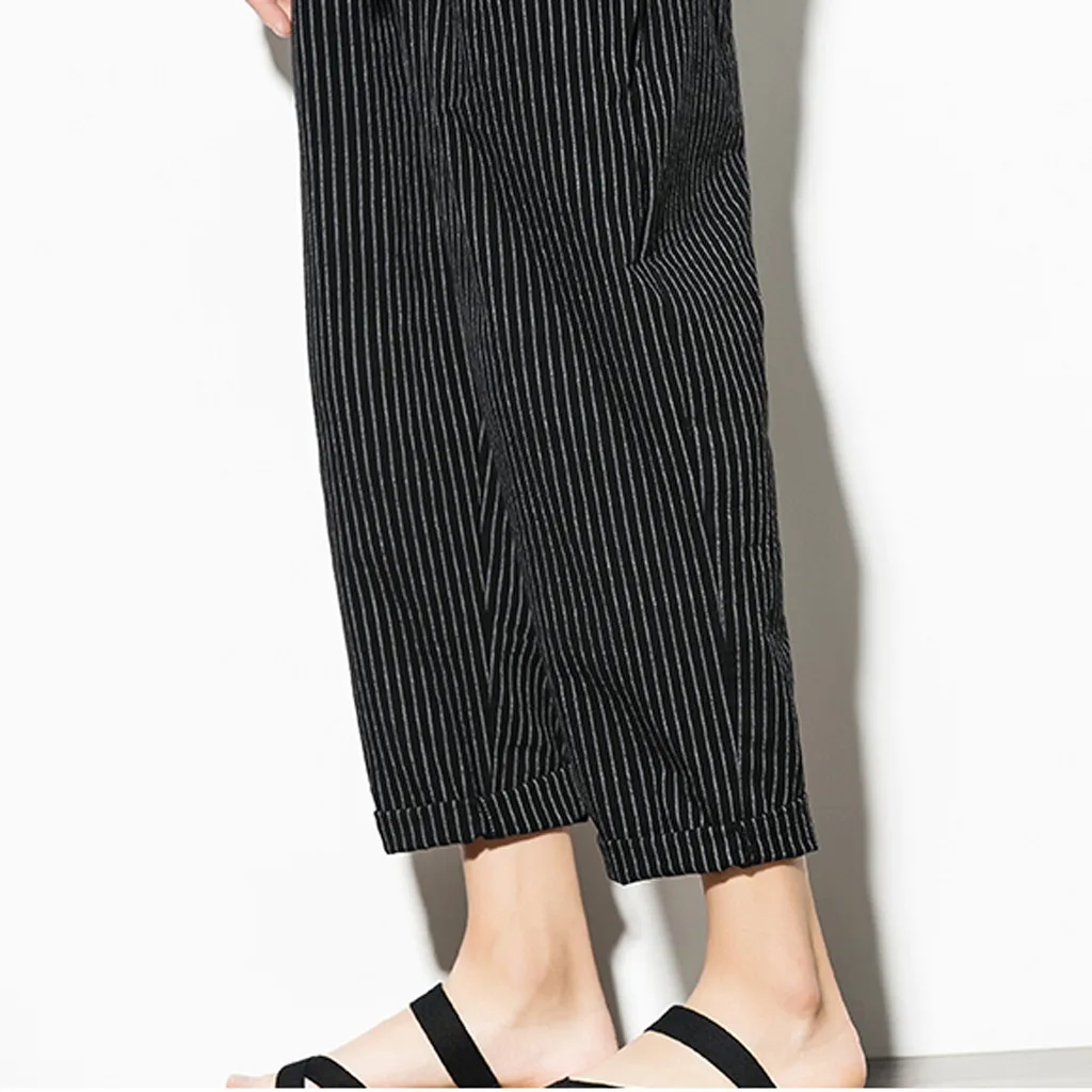 Jaycosin Men's Striped Retro Chinese Style Linen Pants Casual Calf-length Pants Loose Pantalones Hasta La Pantorrilla Sueltos