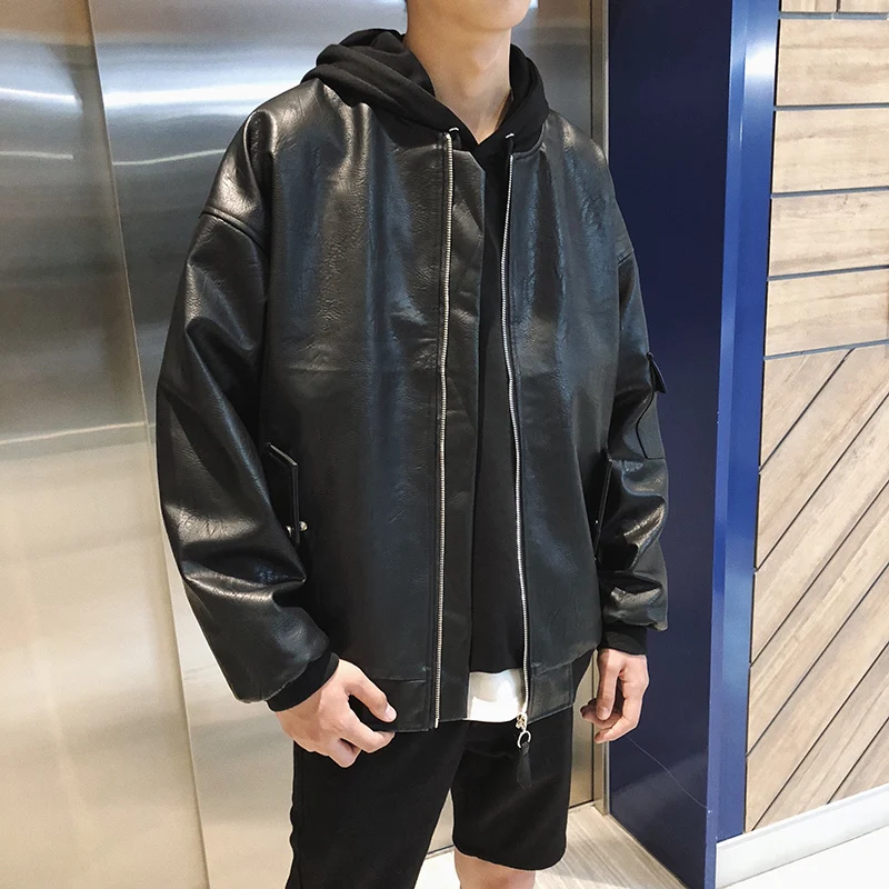 

Fashion Vintage Style Sunshine Zipper Pockets Cool Threaded Sleeve Black Baseball Leather Clothing Jacket streetwear windbreaker