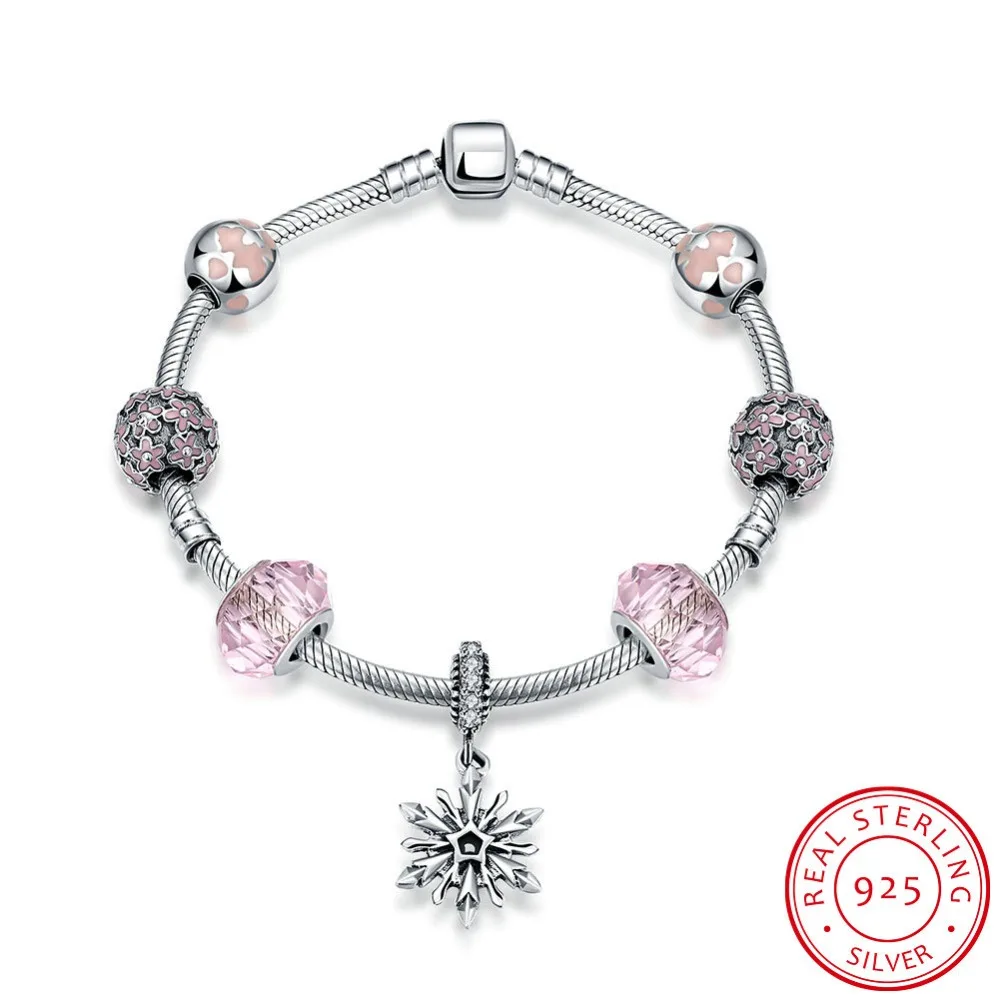 

925 Sterling Silver Bracelets for Women 2016 Inlaid Jewelry Pink Glass Beads Bracelet with Snowflake Pendant Bracelet Femme