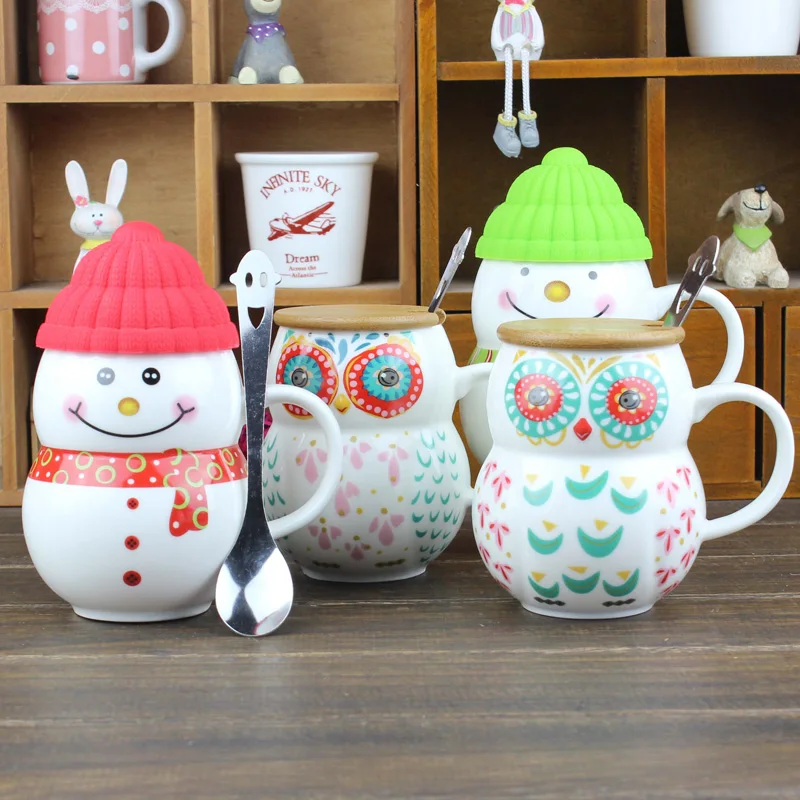 Творческий снеговик кофейная чашка с крышкой и ложкой милая сова керамическая кружка молока кофе