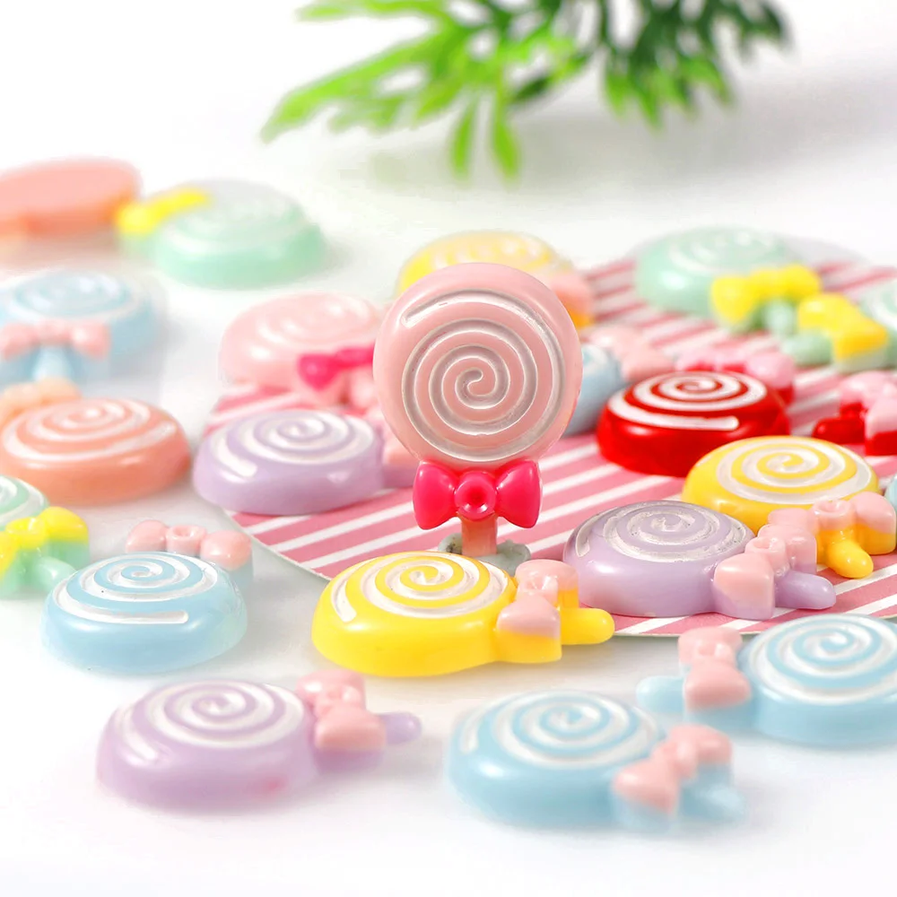 

50Pcs/bag Mix Color Flatback Resin Cute Cartoon Candy Lollipop Kawaii Flatback Resin Cabochons Miniature Embellishment 21*30mm