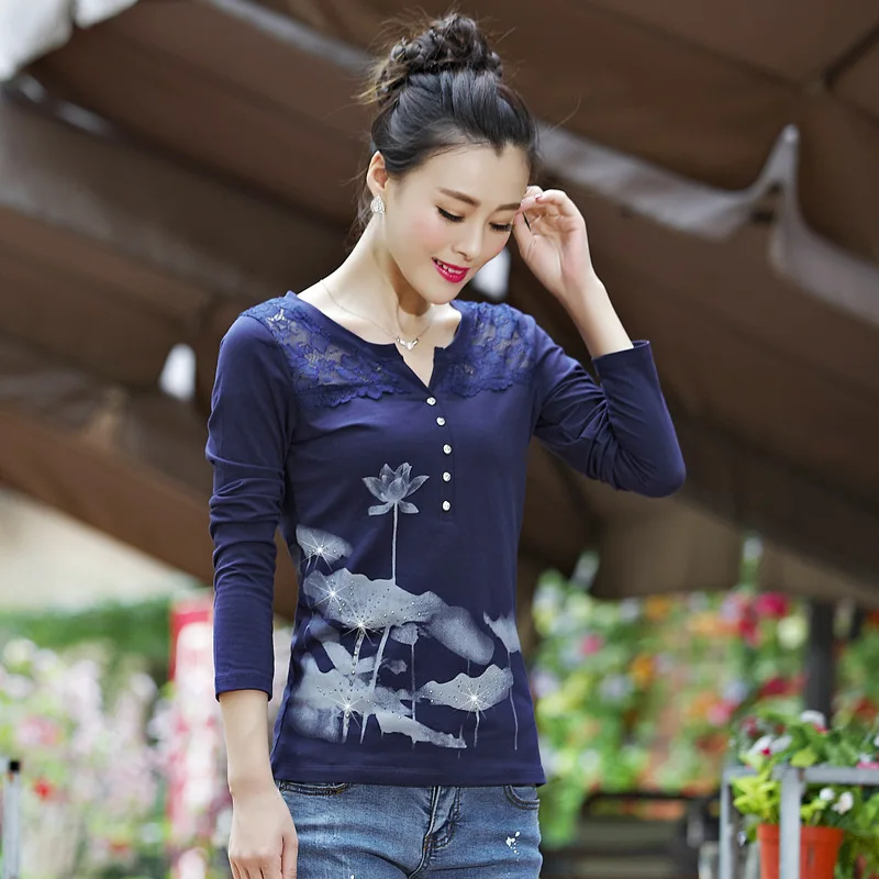Shintimes Poleras Mujer 2018 Korean Long Sleeve Shirt Women Vintage T Shirt Tee Shirt Femme Cotton Diamonds Lace T-Shirt Women
