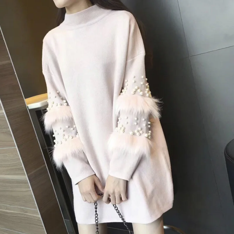 Winter Long Sweaters Women Casual Pullover Jumpers Real Rabbit Fur Sweater pull femme Pullovers bead Pearl turtleneck jumper