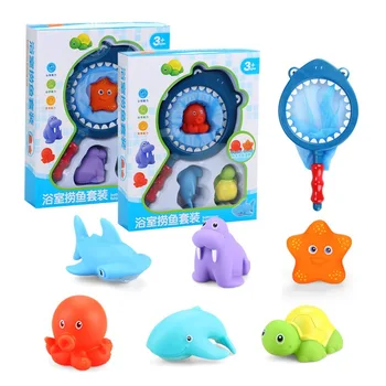 

Children bath Toys Fishing Water Fun Toy ABS Water Spray Silicone Starfish Octopus Shark Fishing Net Set for Kids Eco-friendly