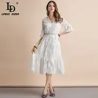 LD リンダデラ 2019 ファッション滑走路夏純白のドレス女性のフレアスリーブ V ネック中空アウトスリムショー薄型ホリデードレス