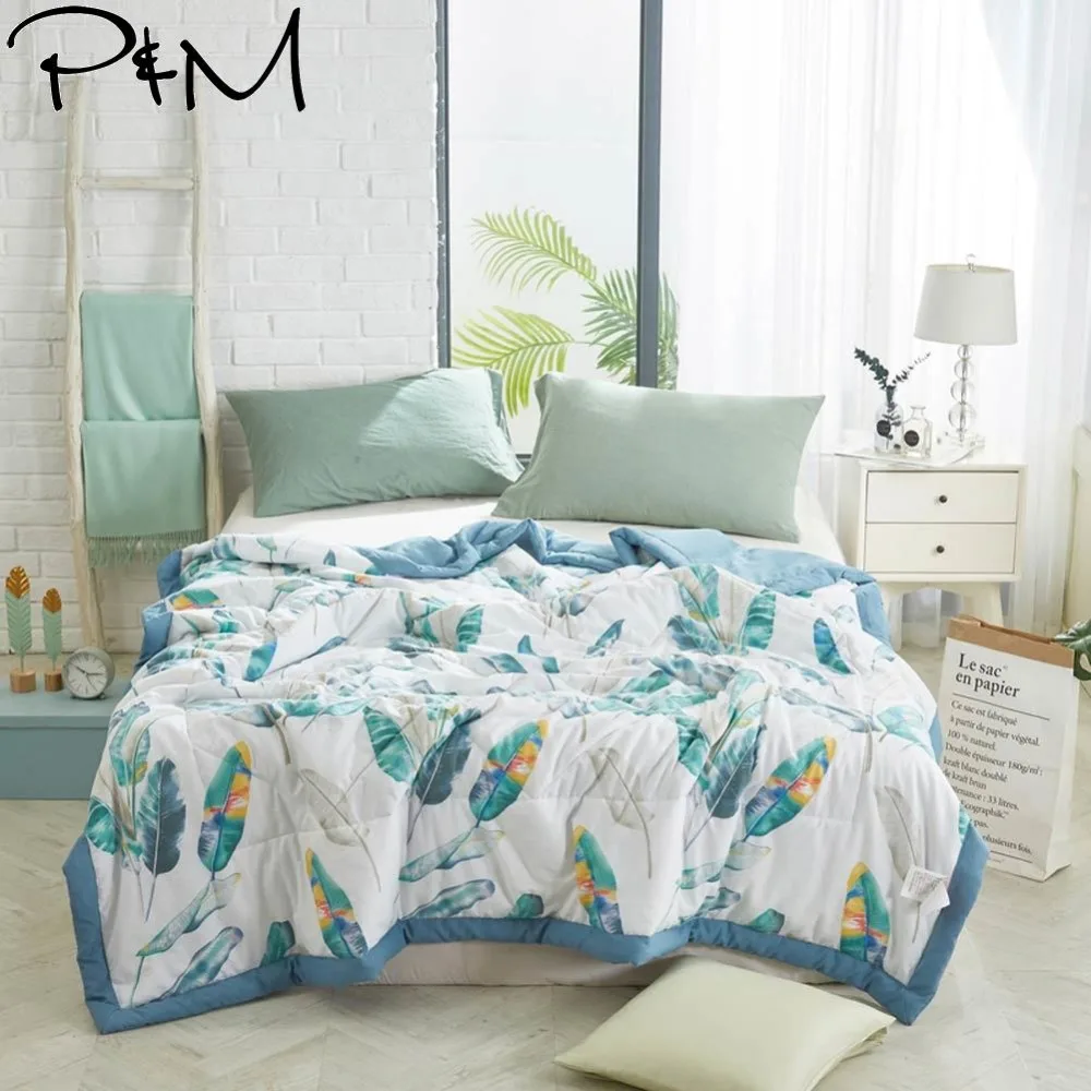 

2019 Green Blue Leaves Stitching Comforter Wash Polyester Fabric Thin Summer Quilt Air-condition Twin Full Queen Size