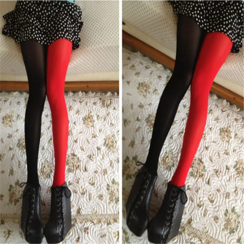 Girls Patchwork Footed Tights Women Stretchy Pantyhose Stockings Elastic Two Color Silk Stockings Female Skinny Legs Pantyhose 2