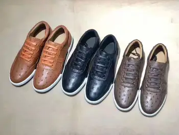 

Newly top quality genuine ostrich skin men shoe fashin leisure flat shoe strong solid thread shoe base 2019 blue ostrich skin