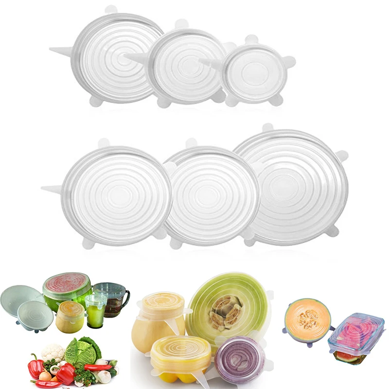

Transparent Silicone Food Lids Universal Stretch Suction Cover Fruit Vegetable Bowl Bottle Leakproof Home Preserve Covers 6 Pcs