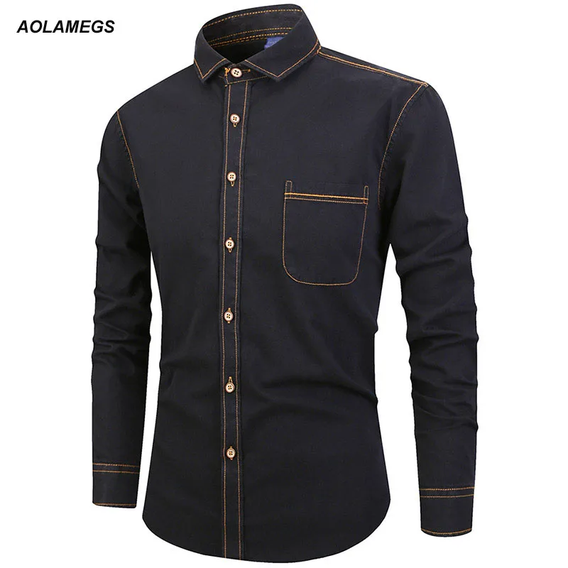 Aolamegs одноцветное Цвет рубашки Для мужчин Японии Стиль мужской рубашки с лацканами длинный рукав рубашка Мода Повседневное уличная S-XXXL