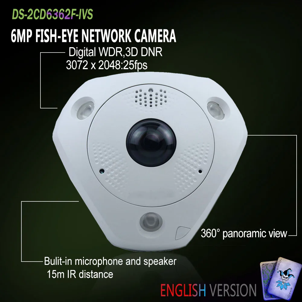 Hikvision в наличии ds 2cd6362f ivs английская версия IP корпус 6mp рыбий глаз сети Камера