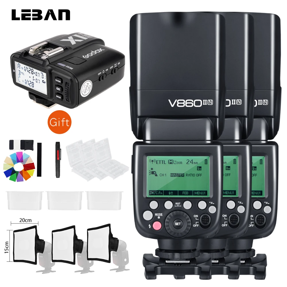 

Free DHL!!Godox 3x V860II-N GN60 i-TTL HSS 1/8000s 2.4G Speedlite Flash Li-ion Battery + X1T-N Flash Transmitter for Nikon +Gift