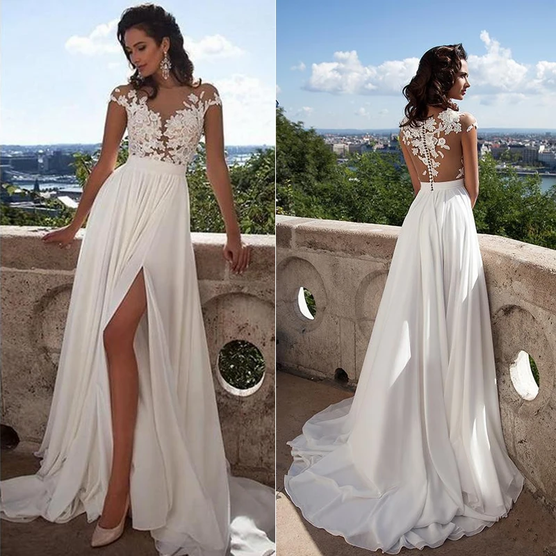 

Sleeveless Wedding Dress 2018 Beach Bridal Gown Chiffon Lace Appliques White/Lvory Romantic Buttons Accept custom made