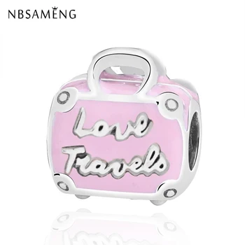 

New Authentic 100% 925 Sterling Silver Beads Charm Pink Travel Bag Love Travel Charms Fit Pandora Bracelets Diy Women Jewelry