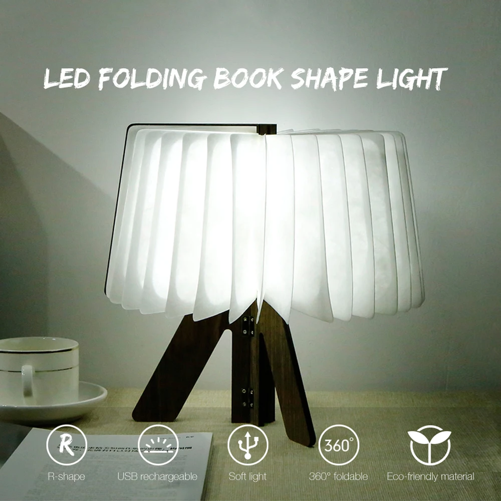 LED Night Light Wooden Folding Book Light USB Rechargeable Foldable Book Lamp For Living Room Bedroom Table Desk Lamp Decorate