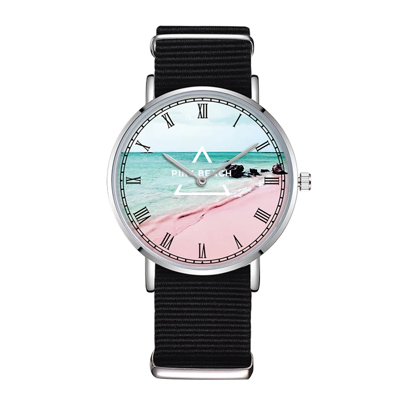 

D-0018 BAOSAILI Nylon Band Women Casual Watch Pink Beach Blue Ocean Beautiful Picture Design Watch For Ladies Elegance Wrist