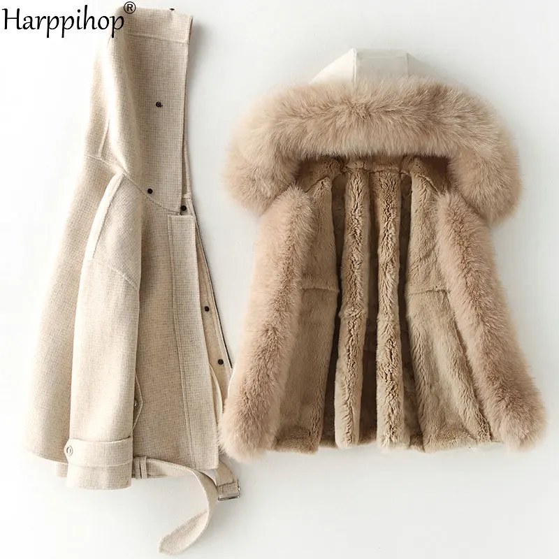 Женская Осенняя зимняя новая шерстяная куртка с лисьим воротником с кроличьим мехом внутри, длинное стильное пальто с карманами для отдыха