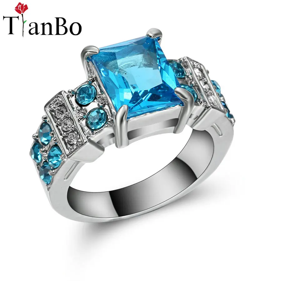 TianBo New Sky-blue / Clear Crystal Design Geometric White Black /Gold Colour Jewlery Male Female Vintage Wedding Ring Size 9 | Украшения и