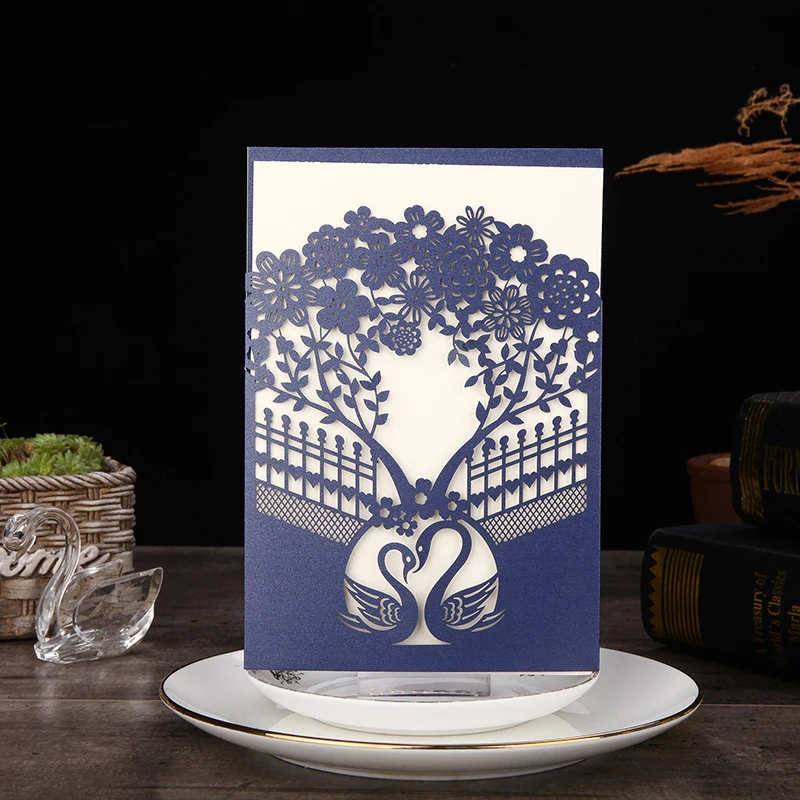 

50pcs Blue Laser Cut Swan Tree Wedding Invitations Card Greeting Card Customize Envelopes Birthday Wedding Event Party Supplies
