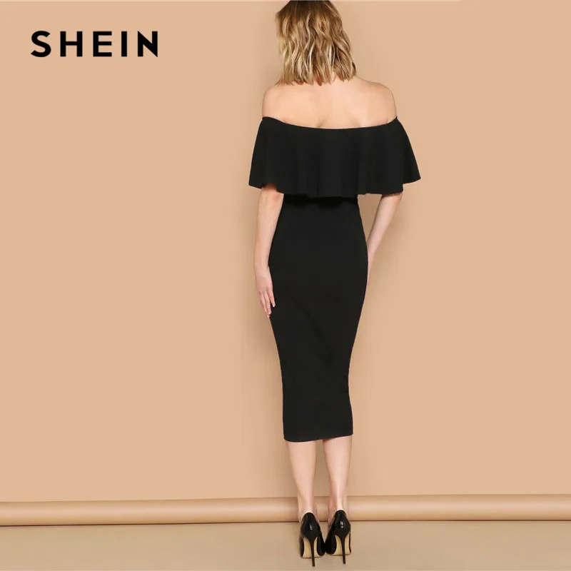 SHEIN Однотонное Облегающее Платье С Открытыми Плечами Женское Черное Платье С Оборками