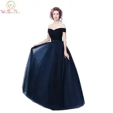 100 Real Image font b vestidos b font longos de festa Navy Blue Evening font b