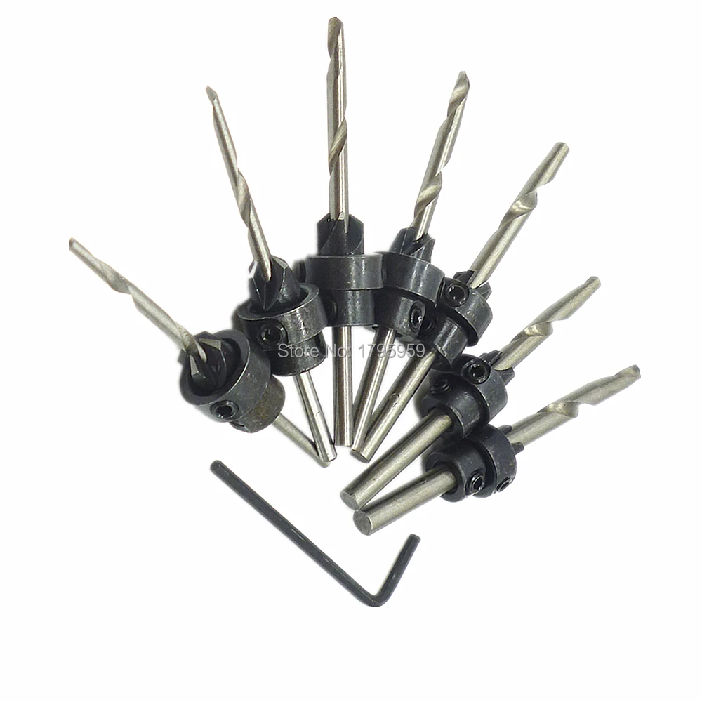 7pc HSS Tapered Countersink Drill Bits Set Stop Collars With Hex Key Wrench Woodworking Wood