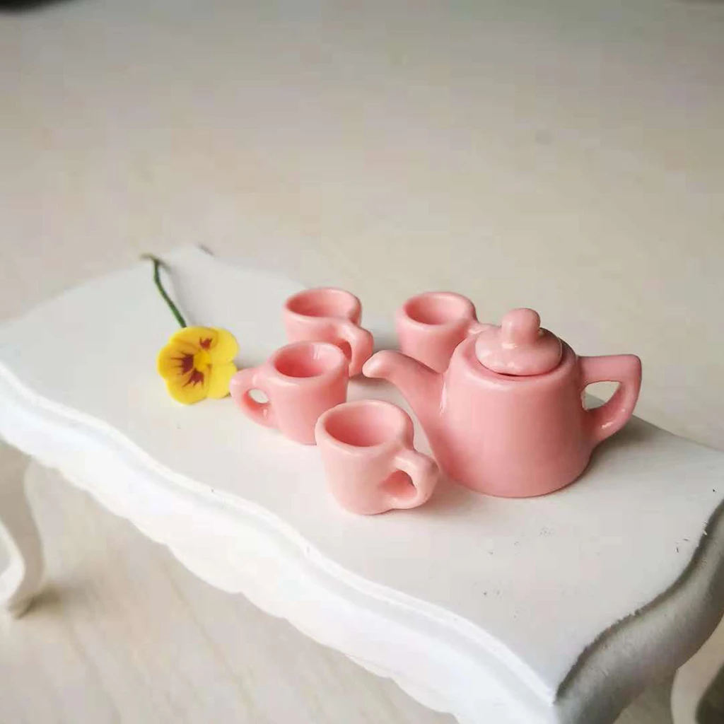 1/12 Dollhouse Miniature Ware Porcelain Tea Set Cup Pot Dish Cup Plate Pure Color Tableware Furniture Toy for Children (Pink)