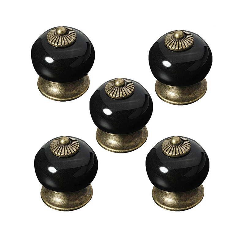 

5 x Fashion Round Ceramic Kitchen Cabinet Drawer Door Handles (Black)