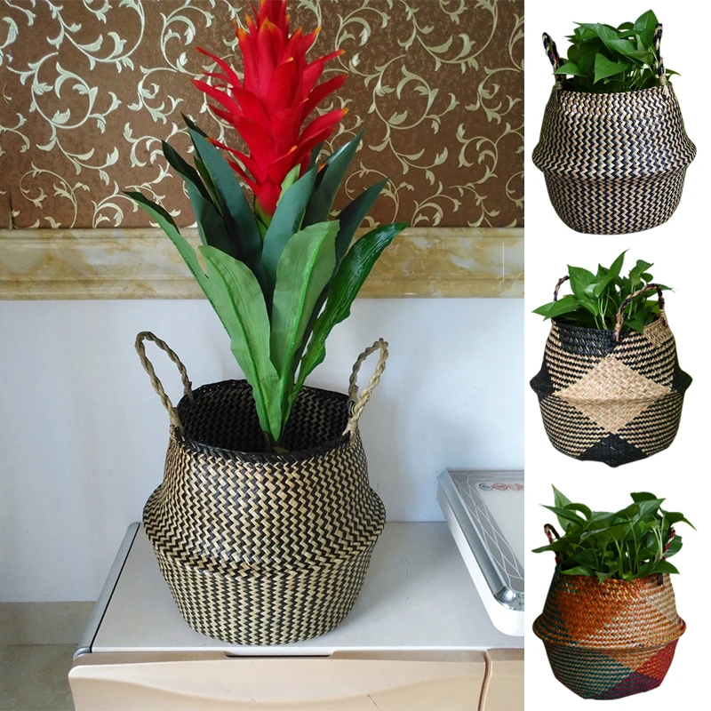 

Seagrass Wickerwork Storage Basket Rattan Folding Hanging Flower Pot Planter Woven Dirty Laundry Hamper Storage Basket H