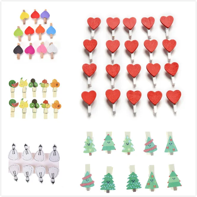 

20Pcs Mini Love Heart Fruit Christmas Tree Wooden Office Supplies Craft Memo Clips DIY Clothes Paper Photo Peg Decoration