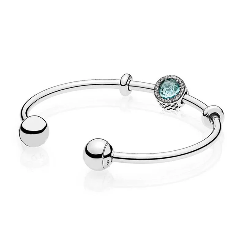

925 Sterling silver Round Green Open Bangle Gift Set Clear CZ Fit DIY Original Charm Bracelets Jewelry