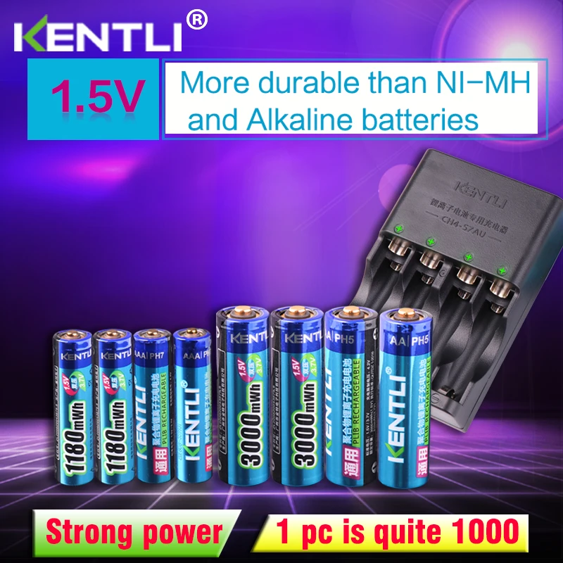 Kopen KENTLI 8 pcs 1.5 v aa aaa batterijen Oplaadbare Li polymer Lithium batterij + 4 slots AA AAA lithium li ion Smart Charger