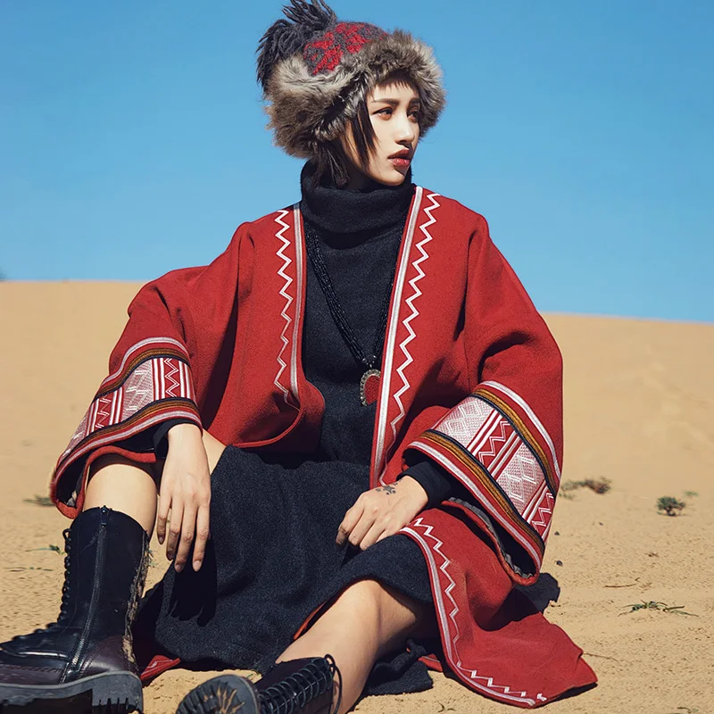 

Winter Original Design Women National Trend Luxury Embroidery Flare Sleeve Loose All-Match X Long Cardigan Woolen Jacket