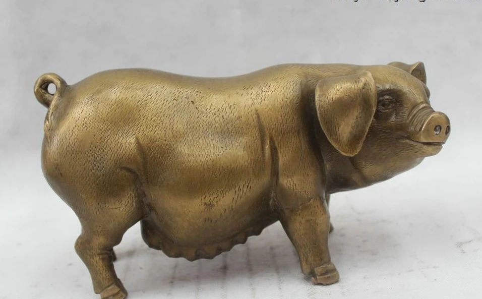 

5"Chinese Folk Pure Bronze Lucky excellent beautiful Lifelike Pig Statue