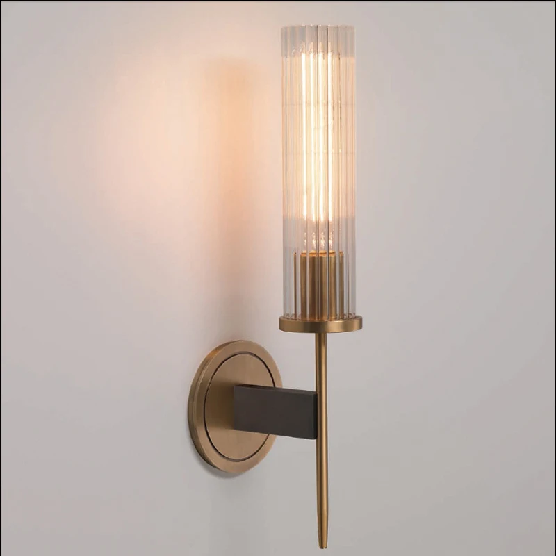 Modern Brass Wall Lamp Sconce Ribbed Long Glass Vintage Retro Copper Hotel Restaurant Loft Bar Bedroom Bedside Vanity Wall Light