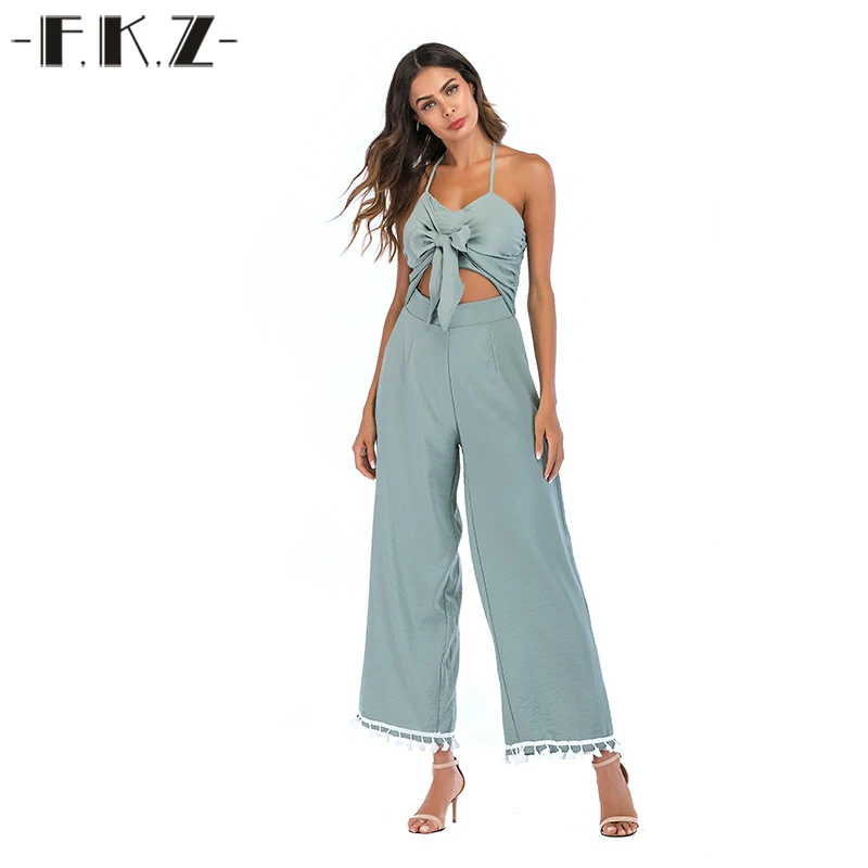 FKZ 2018 Tassel Bow Jumpsuits Women Lace Up Hollow Out Backless