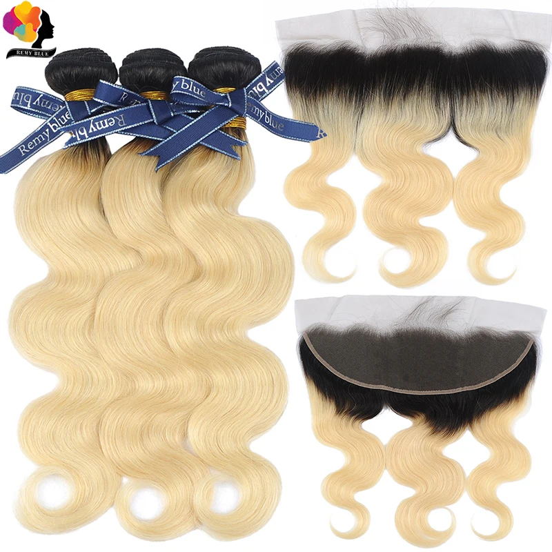 

Remyblue Honey Blonde Brazilian Body Wave Bundles with 13*4 Frontal T1B/613 Ombre Colored Remy Human Hair 3 Bundles with Closure