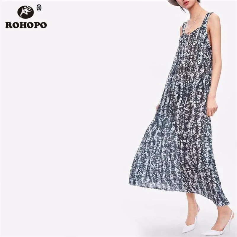

ROHOPO Summer Sleeveless Spaghetti Strap Maxi Midi Dress Printed Baggy Pleated Slim Body Vintage Multiways Vestido #AZ9247