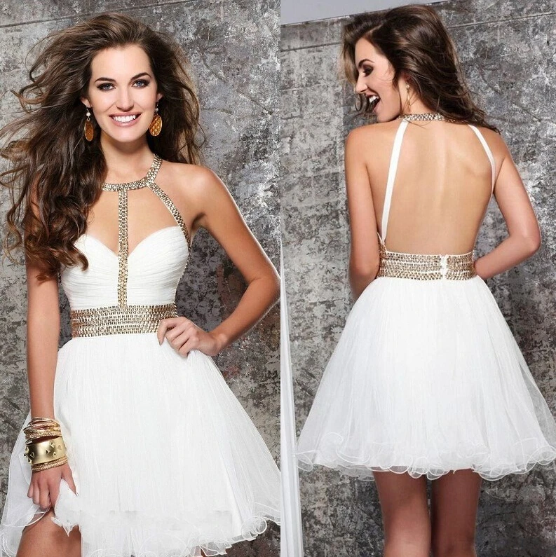 2014 Tarik Ediz Short White Graduation Dresses with Gold Beads