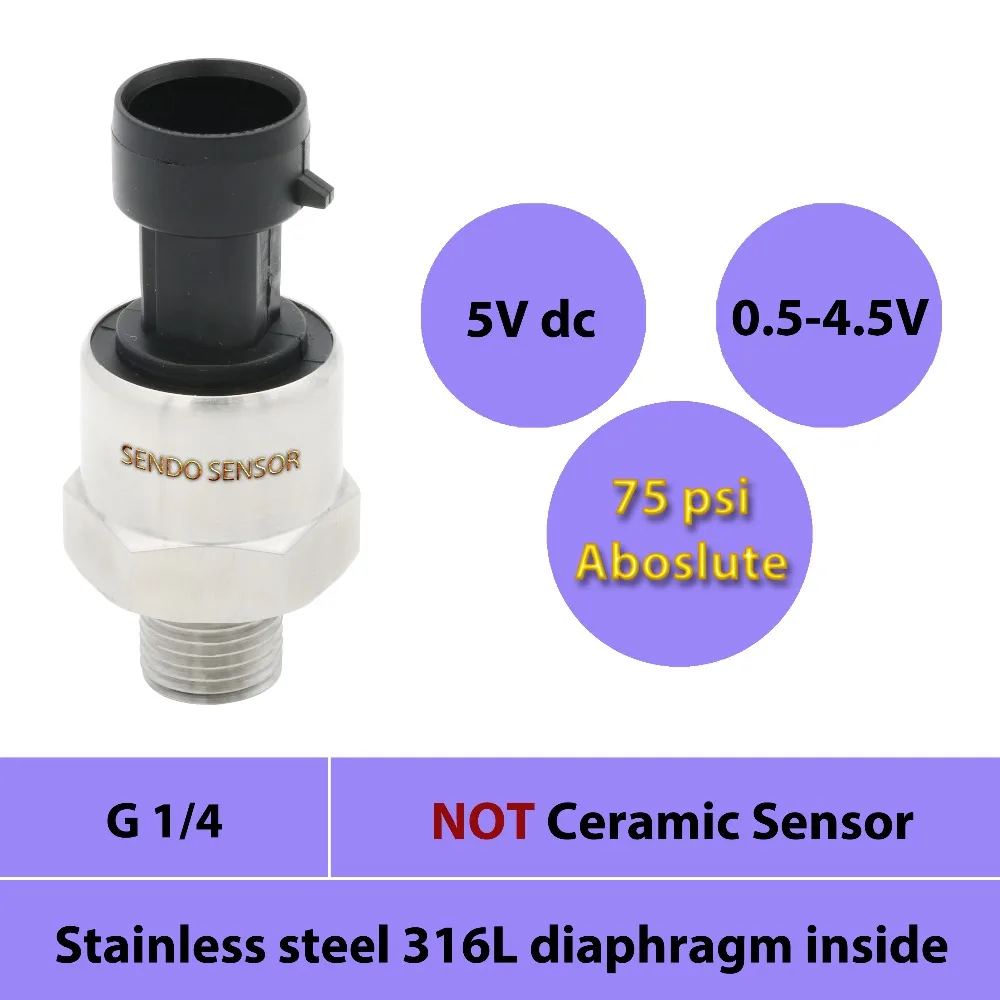 75psi absolute diaphragm pressure transducer 5Vdc input water oil air transmitter pression 0.5V to 4.5V signal G1 4 IP65 75psi absolute diaphragm pressure transducer 5Vdc input water oil air transmitter pression 0.5V to 4.5V signal G1 4 IP65